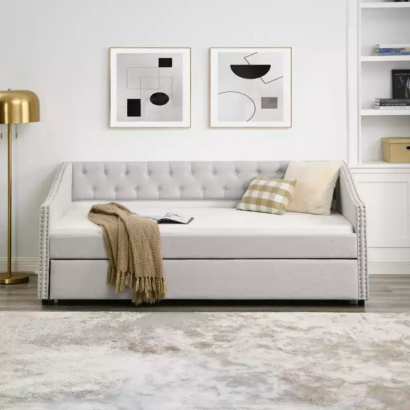 Twin/Full Size Daybed with Trundle, Upholstered Tufted Sofa Bed with Button and Waved Shape Arms - ModernLuxe