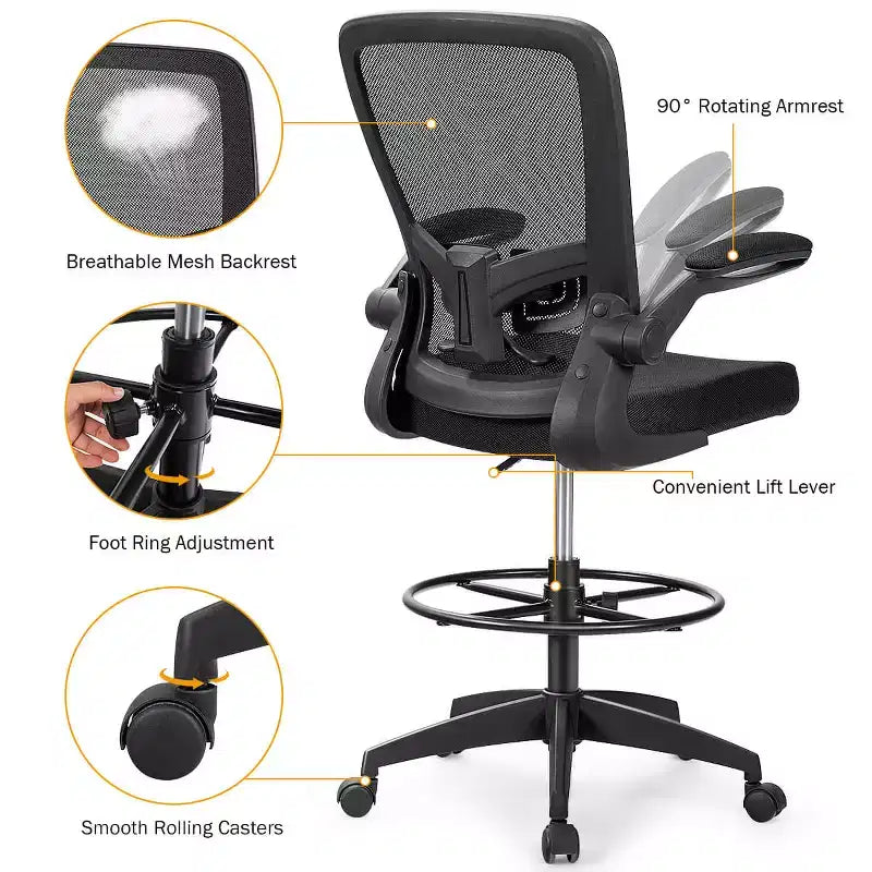 Costway Adjustable Swivel Drafting Chair with Flip-Up Armrests Adjustable Lumbar Support Black&White/Black