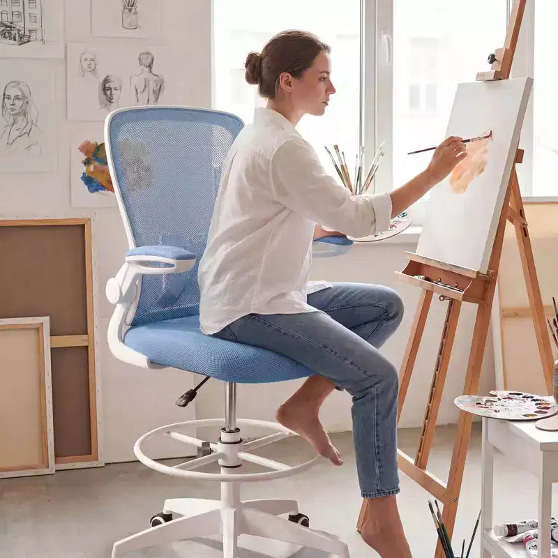 Costway Adjustable Swivel Drafting Chair with Flip-Up Armrests Adjustable Lumbar Support Black&White/Black