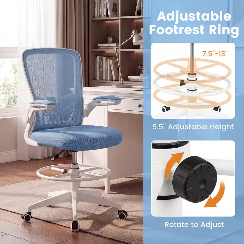 Costway Adjustable Swivel Drafting Chair with Flip-Up Armrests Adjustable Lumbar Support Black&White/Black