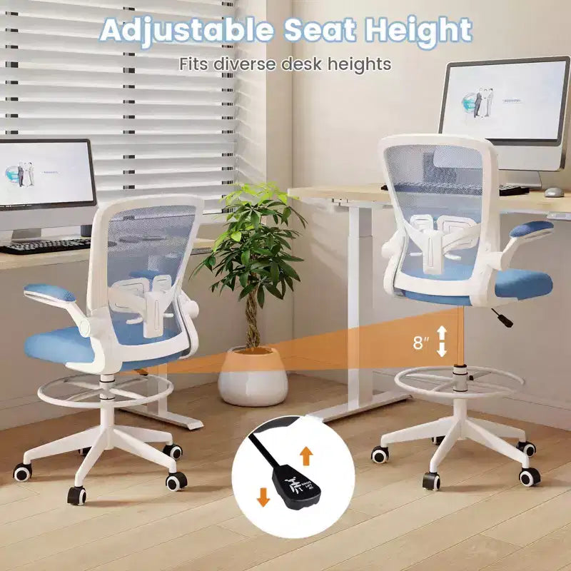 Costway Adjustable Swivel Drafting Chair with Flip-Up Armrests Adjustable Lumbar Support Black&White/Black