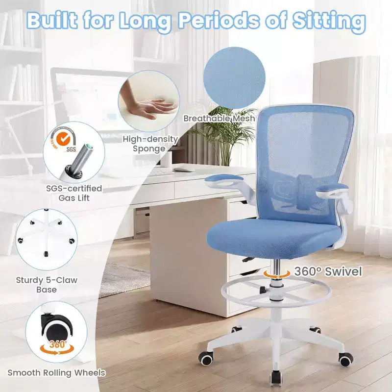 Costway Adjustable Swivel Drafting Chair with Flip-Up Armrests Adjustable Lumbar Support Black&White/Black