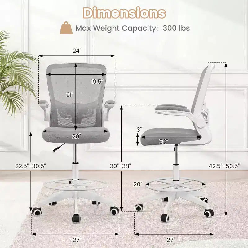 Costway Adjustable Swivel Drafting Chair with Flip-Up Armrests Adjustable Lumbar Support Black&White/Black