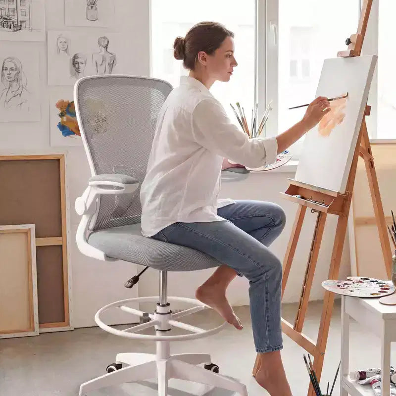 Costway Adjustable Swivel Drafting Chair with Flip-Up Armrests Adjustable Lumbar Support Black&White/Black