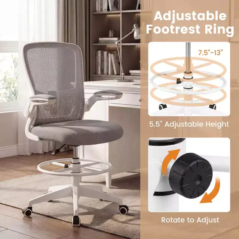 Costway Adjustable Swivel Drafting Chair with Flip-Up Armrests Adjustable Lumbar Support Black&White/Black