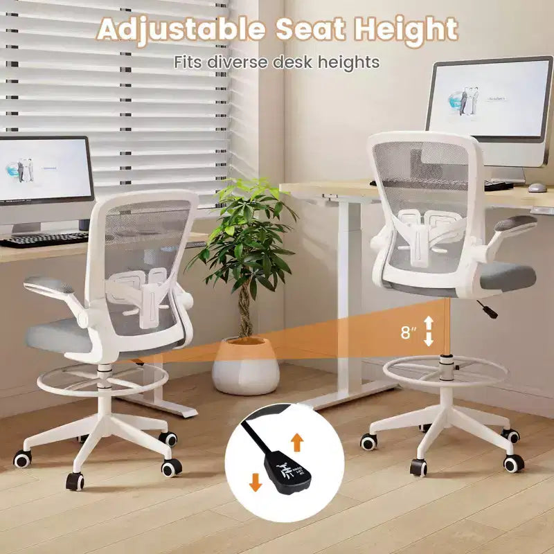 Costway Adjustable Swivel Drafting Chair with Flip-Up Armrests Adjustable Lumbar Support Black&White/Black