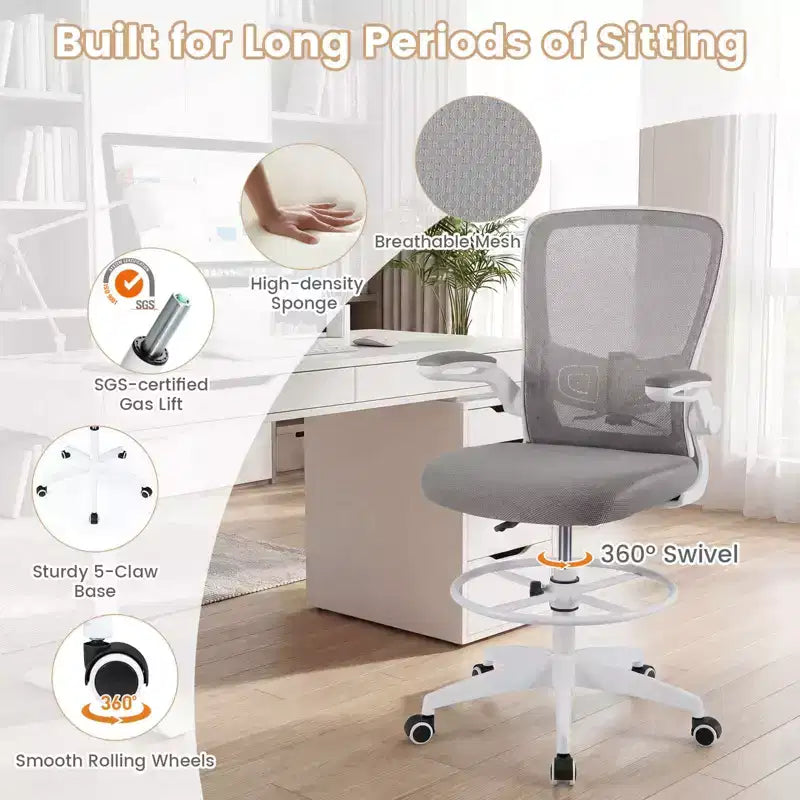 Costway Adjustable Swivel Drafting Chair with Flip-Up Armrests Adjustable Lumbar Support Black&White/Black