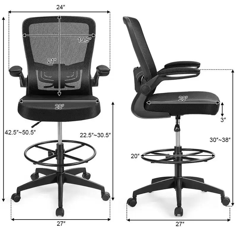 Costway Adjustable Swivel Drafting Chair with Flip-Up Armrests Adjustable Lumbar Support Black&White/Black