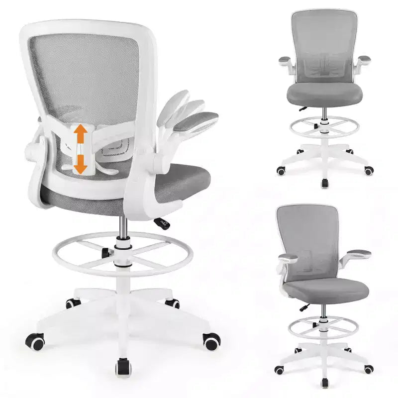 Costway Adjustable Swivel Drafting Chair with Flip-Up Armrests Adjustable Lumbar Support Black&White/Black