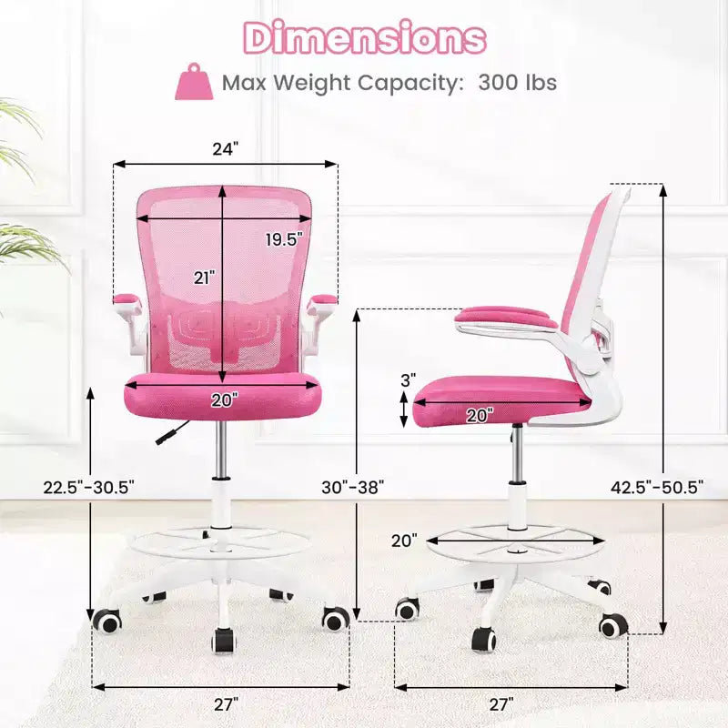 Costway Adjustable Swivel Drafting Chair with Flip-Up Armrests Adjustable Lumbar Support Black&White/Black