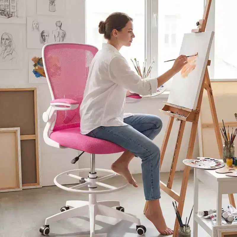 Costway Adjustable Swivel Drafting Chair with Flip-Up Armrests Adjustable Lumbar Support Black&White/Black