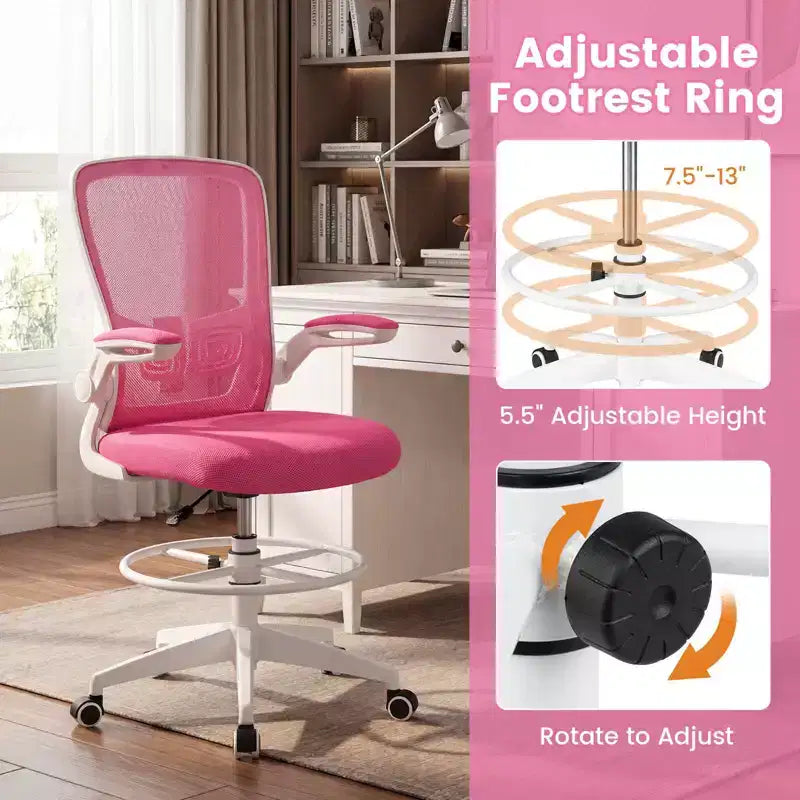 Costway Adjustable Swivel Drafting Chair with Flip-Up Armrests Adjustable Lumbar Support Black&White/Black