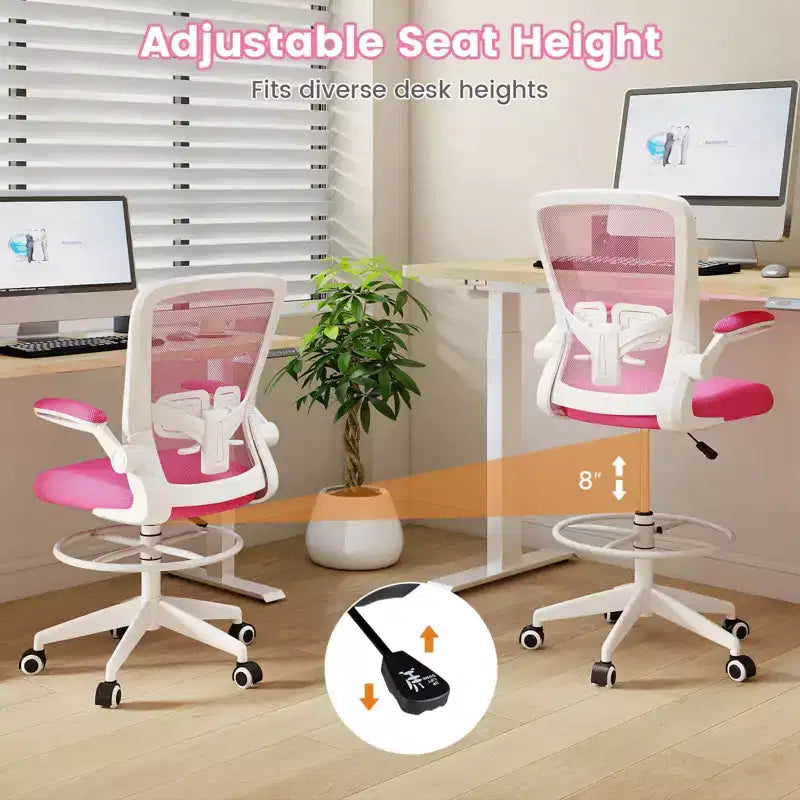 Costway Adjustable Swivel Drafting Chair with Flip-Up Armrests Adjustable Lumbar Support Black&White/Black