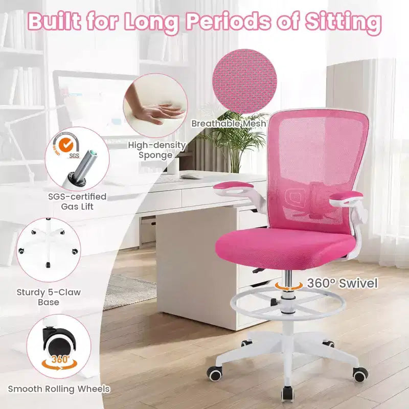 Costway Adjustable Swivel Drafting Chair with Flip-Up Armrests Adjustable Lumbar Support Black&White/Black