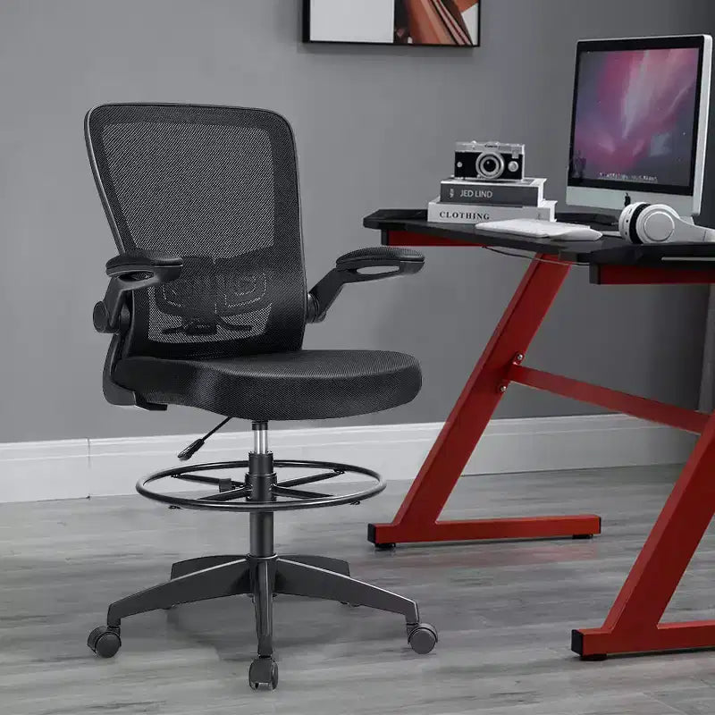 Costway Adjustable Swivel Drafting Chair with Flip-Up Armrests Adjustable Lumbar Support Black&White/Black