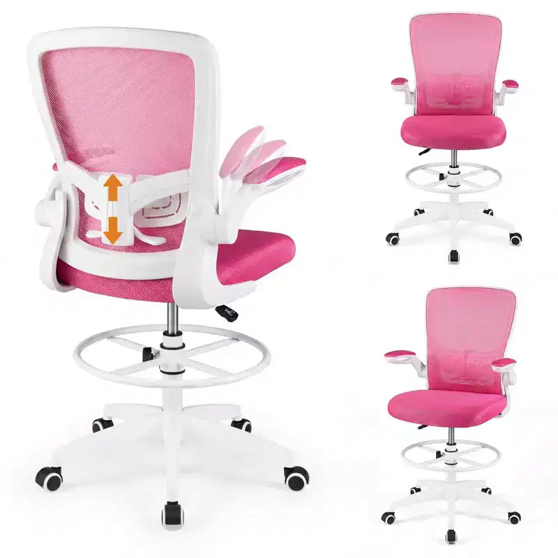 Costway Adjustable Swivel Drafting Chair with Flip-Up Armrests Adjustable Lumbar Support Black&White/Black