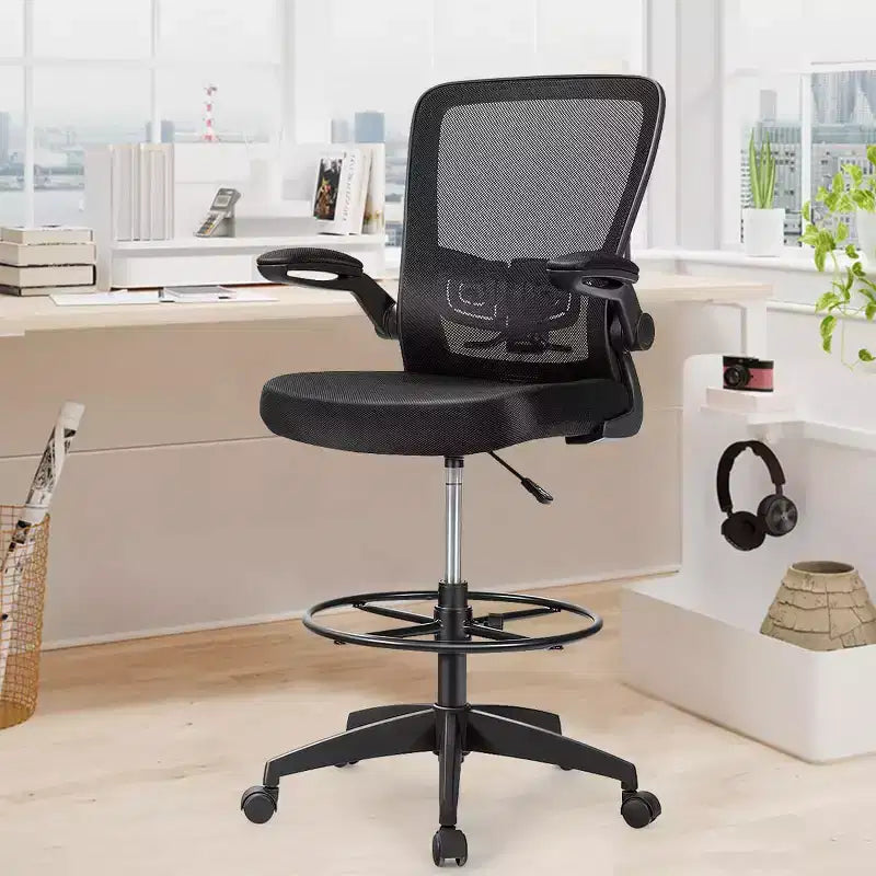 Costway Adjustable Swivel Drafting Chair with Flip-Up Armrests Adjustable Lumbar Support Black&White/Black