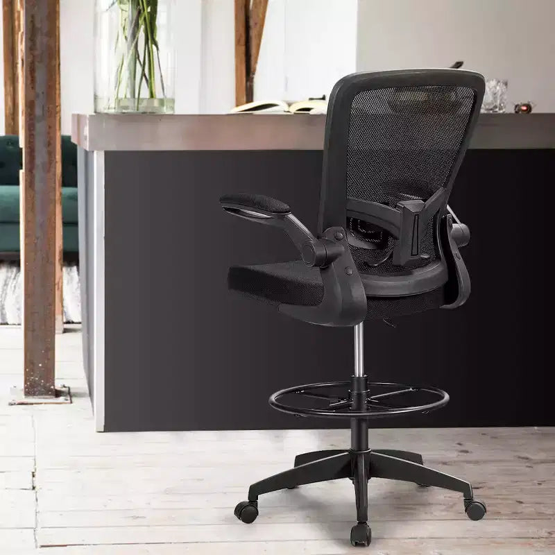 Costway Adjustable Swivel Drafting Chair with Flip-Up Armrests Adjustable Lumbar Support Black&White/Black