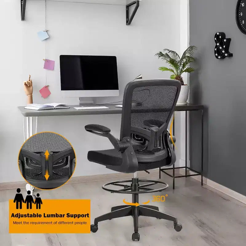 Costway Adjustable Swivel Drafting Chair with Flip-Up Armrests Adjustable Lumbar Support Black&White/Black