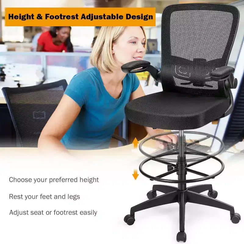Costway Adjustable Swivel Drafting Chair with Flip-Up Armrests Adjustable Lumbar Support Black&White/Black