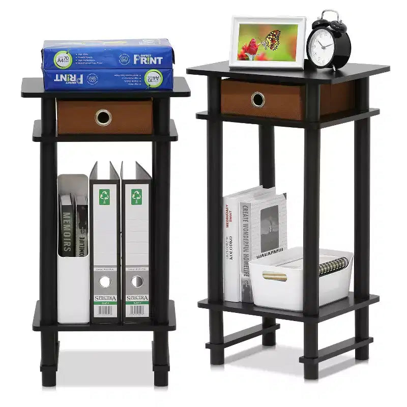 Furinno 2PCS 3-Tier Industrial Tall Nightstand End Table Sofa Side Telephone Table w/removable drawer&Open Storage Shelf,Espresso/Brown