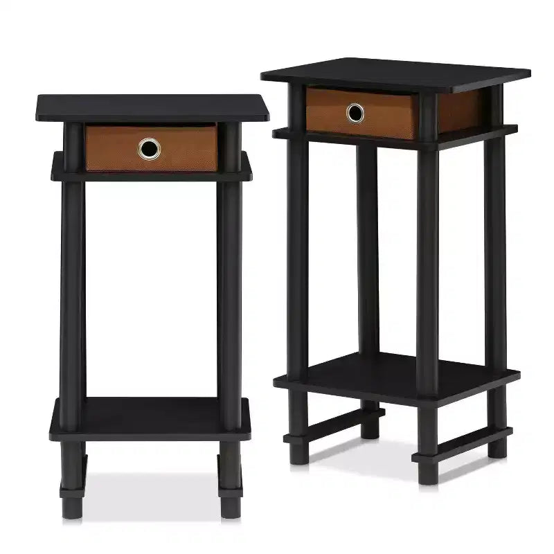 Furinno 2PCS 3-Tier Industrial Tall Nightstand End Table Sofa Side Telephone Table w/removable drawer&Open Storage Shelf,Espresso/Brown