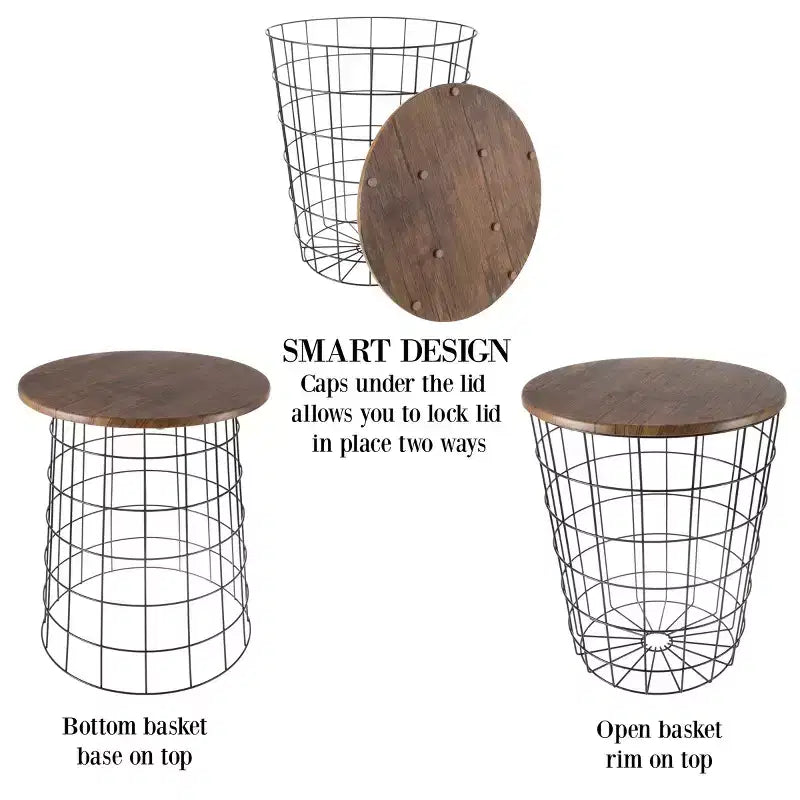 Hasting Home Set of 2 Nesting Tables with Storage - End Tables with Removable Wood Tops and Metal Basket Frame