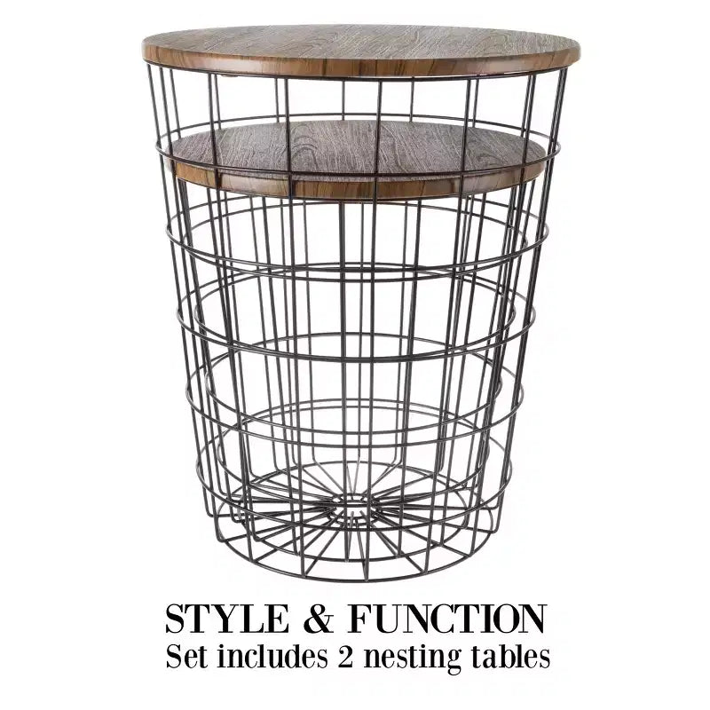 Hasting Home Set of 2 Nesting Tables with Storage - End Tables with Removable Wood Tops and Metal Basket Frame