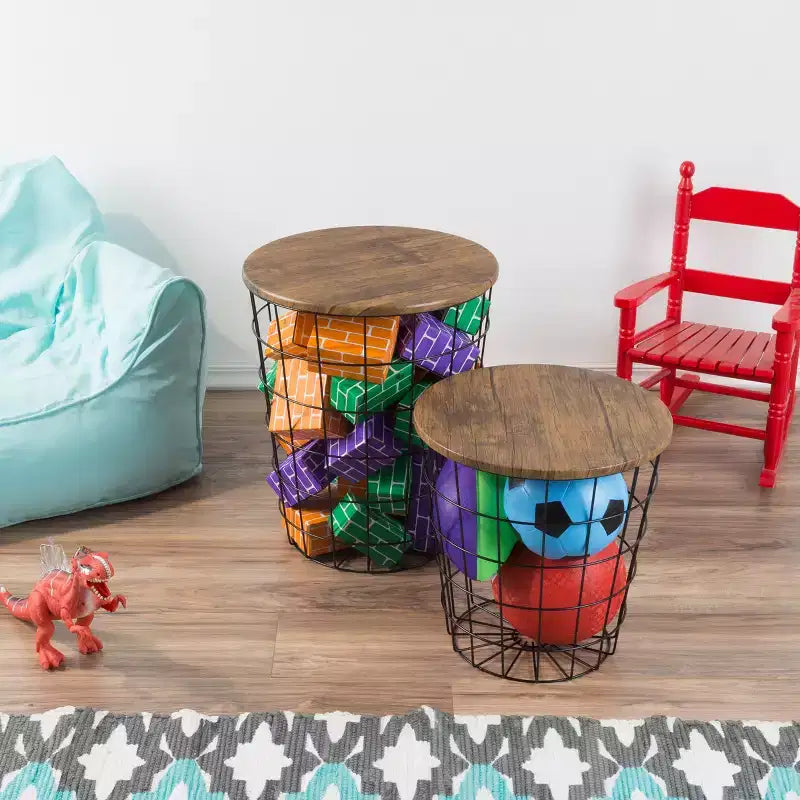 Hasting Home Set of 2 Nesting Tables with Storage - End Tables with Removable Wood Tops and Metal Basket Frame