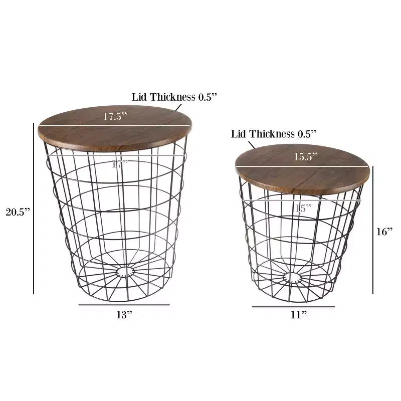 Hasting Home Set of 2 Nesting Tables with Storage - End Tables with Removable Wood Tops and Metal Basket Frame