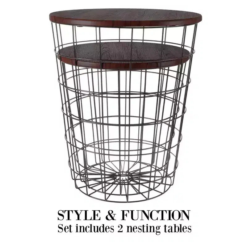 Hasting Home Set of 2 Nesting Tables with Storage - End Tables with Removable Wood Tops and Metal Basket Frame