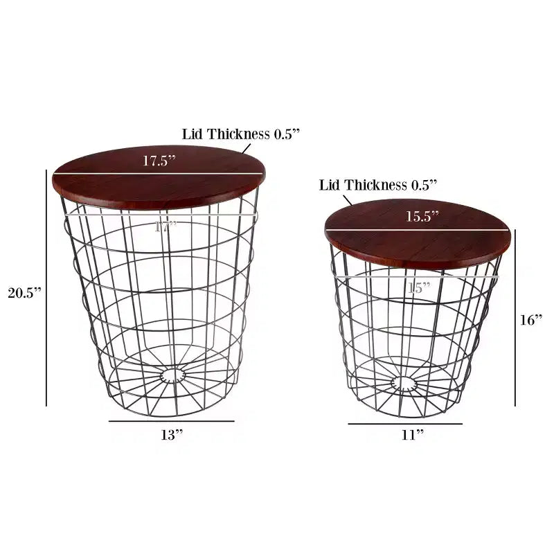 Hasting Home Set of 2 Nesting Tables with Storage - End Tables with Removable Wood Tops and Metal Basket Frame