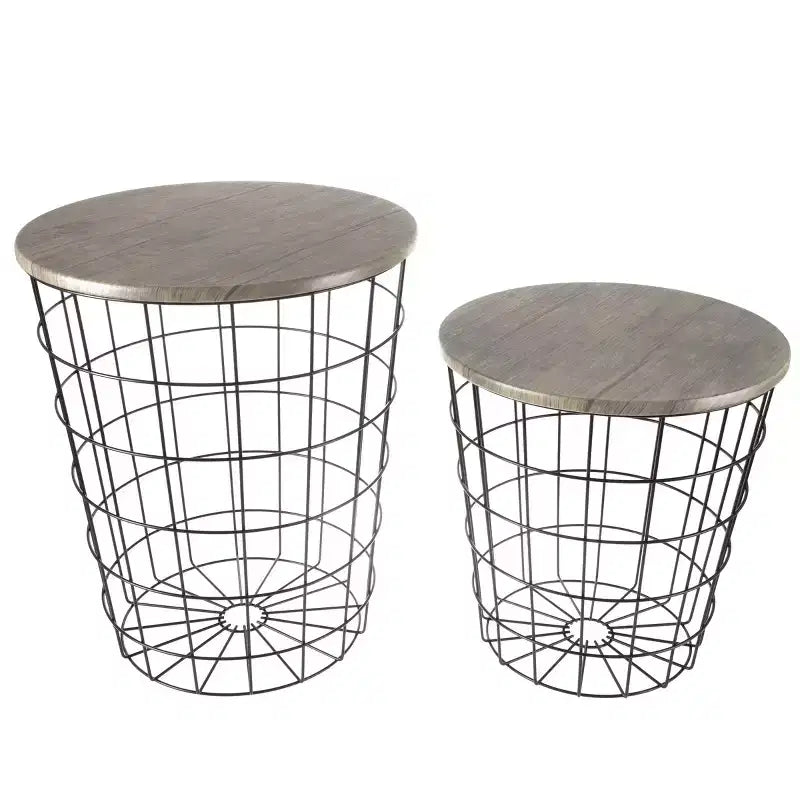 Hasting Home Set of 2 Nesting Tables with Storage - End Tables with Removable Wood Tops and Metal Basket Frame