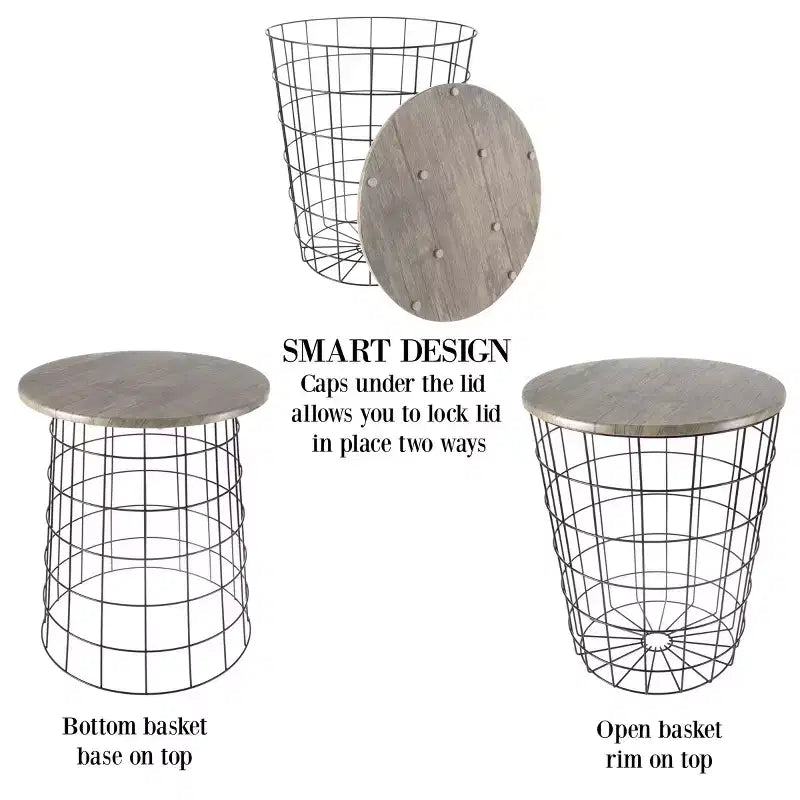 Hasting Home Set of 2 Nesting Tables with Storage - End Tables with Removable Wood Tops and Metal Basket Frame