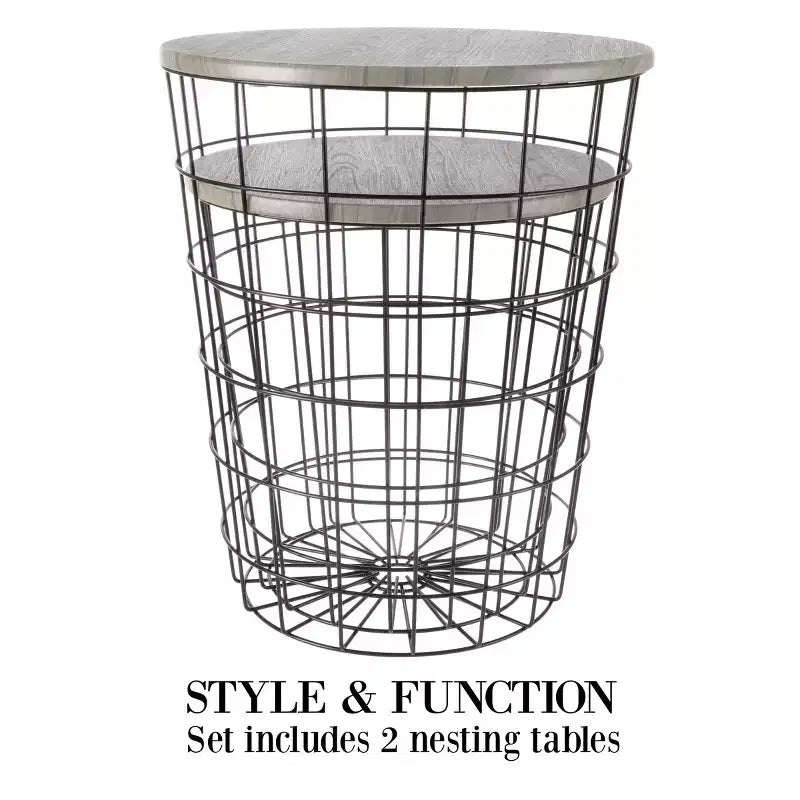 Hasting Home Set of 2 Nesting Tables with Storage - End Tables with Removable Wood Tops and Metal Basket Frame