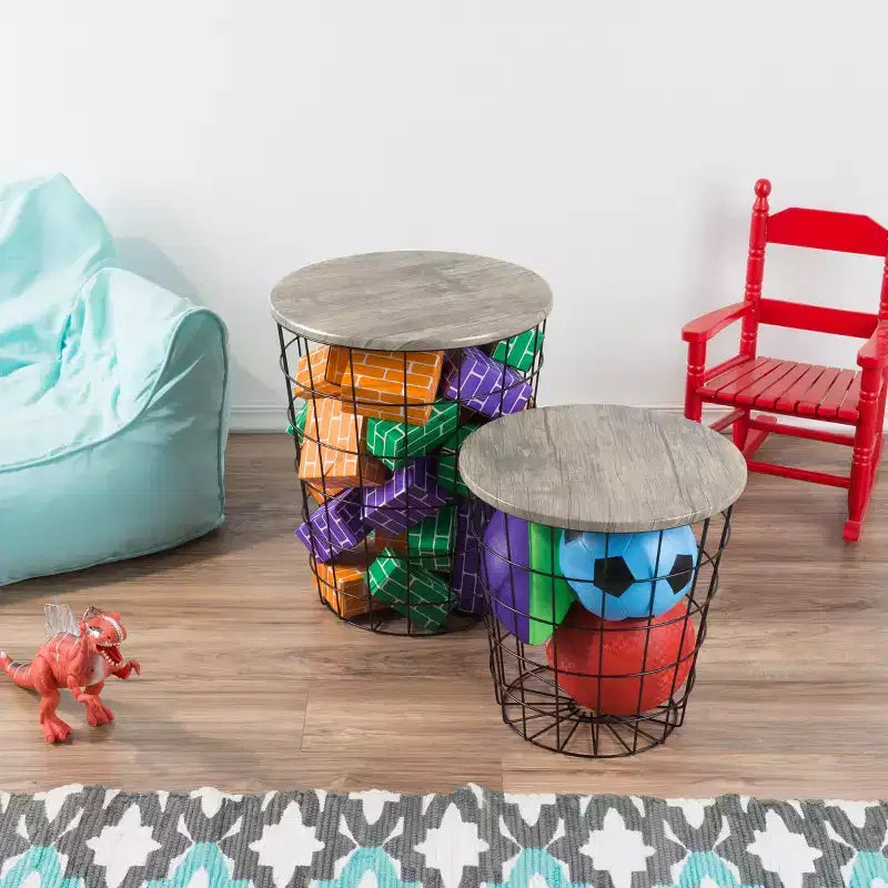 Hasting Home Set of 2 Nesting Tables with Storage - End Tables with Removable Wood Tops and Metal Basket Frame