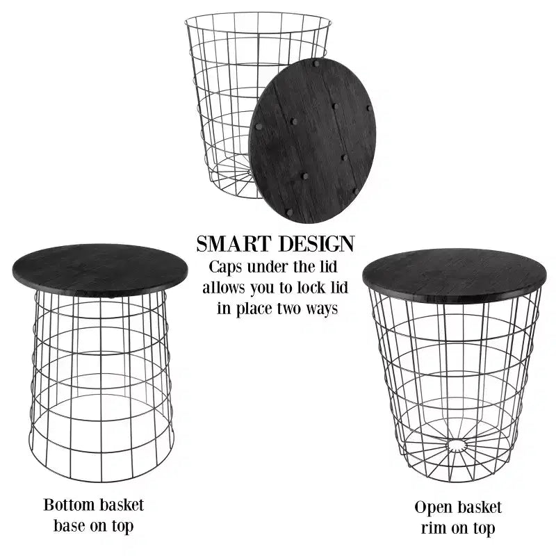 Hasting Home Set of 2 Nesting Tables with Storage - End Tables with Removable Wood Tops and Metal Basket Frame