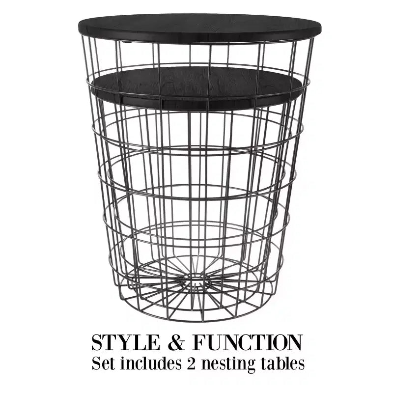 Hasting Home Set of 2 Nesting Tables with Storage - End Tables with Removable Wood Tops and Metal Basket Frame