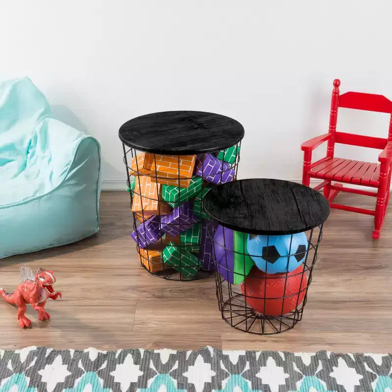 Hasting Home Set of 2 Nesting Tables with Storage - End Tables with Removable Wood Tops and Metal Basket Frame