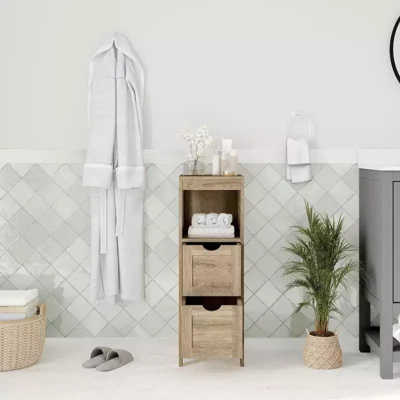 Merrick Lane 2 Drawer Bathroom Storage Cabinet Organizer with Open Display Shelf