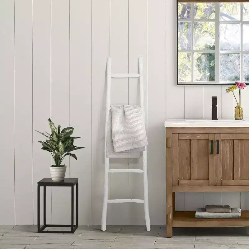 Échelle à couvertures blanche en bois massif à 5 barreaux