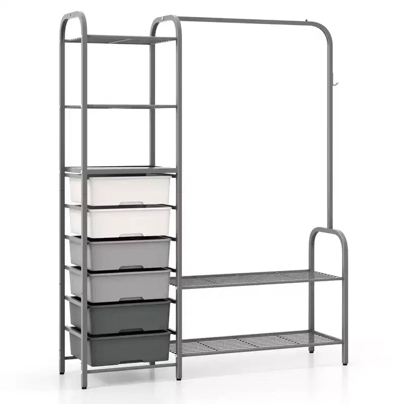 Costway Heavy Duty Clothes Rack with 6 Removable Drawers 3-Tier Open Shelves & 2-Tier Metal Shoe Rack Side Hook Adjustable Feet