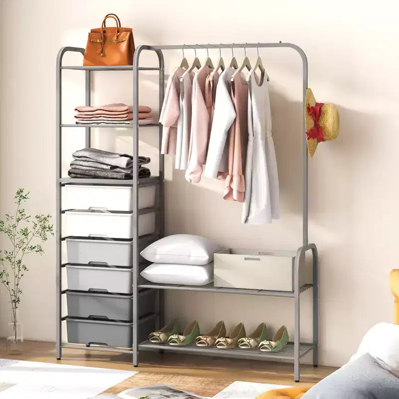 Costway Heavy Duty Clothes Rack with 6 Removable Drawers 3-Tier Open Shelves & 2-Tier Metal Shoe Rack Side Hook Adjustable Feet