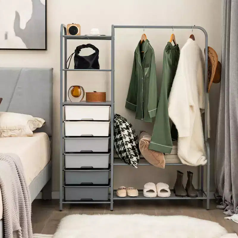 Costway Heavy Duty Clothes Rack with 6 Removable Drawers 3-Tier Open Shelves & 2-Tier Metal Shoe Rack Side Hook Adjustable Feet