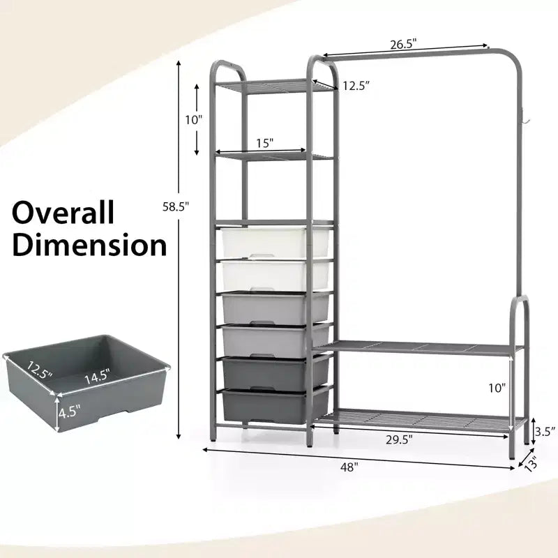 Costway Heavy Duty Clothes Rack with 6 Removable Drawers 3-Tier Open Shelves & 2-Tier Metal Shoe Rack Side Hook Adjustable Feet
