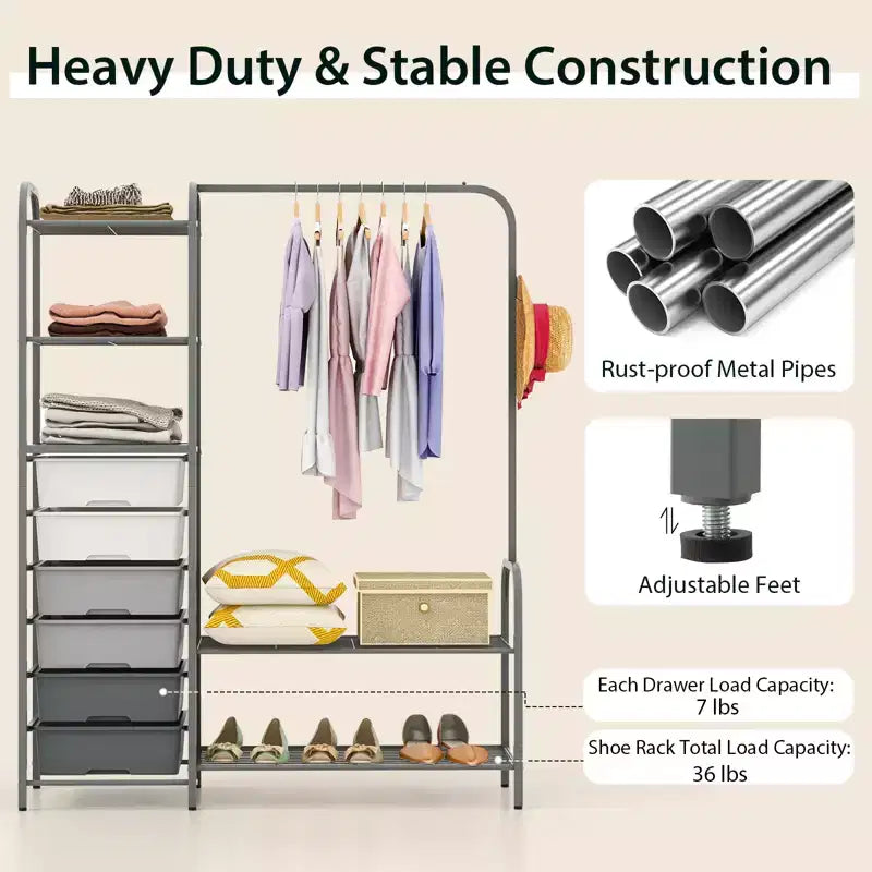 Costway Heavy Duty Clothes Rack with 6 Removable Drawers 3-Tier Open Shelves & 2-Tier Metal Shoe Rack Side Hook Adjustable Feet