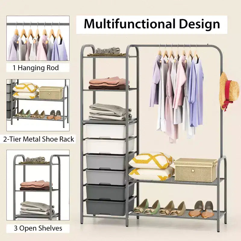 Costway Heavy Duty Clothes Rack with 6 Removable Drawers 3-Tier Open Shelves & 2-Tier Metal Shoe Rack Side Hook Adjustable Feet