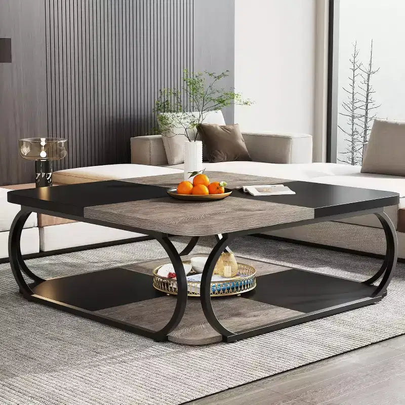 Lantine 40 Farmhouse 2-tier Low Square Coffee Table with Wood Storage Shelf Heavy Duty Metal Curved Frame for Living Room