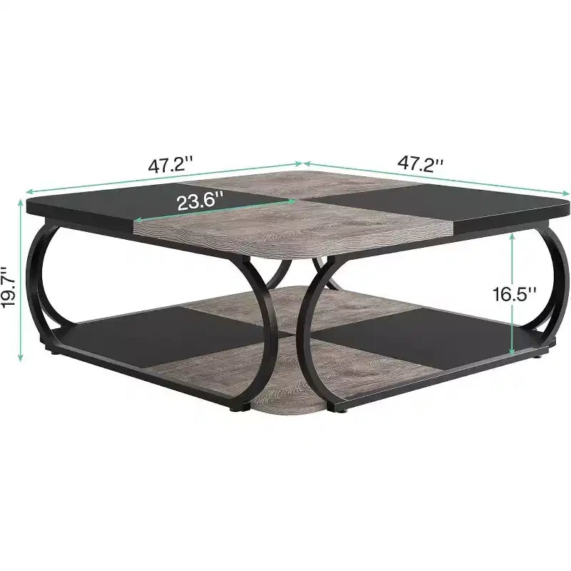 Lantine 40 Farmhouse 2-tier Low Square Coffee Table with Wood Storage Shelf Heavy Duty Metal Curved Frame for Living Room