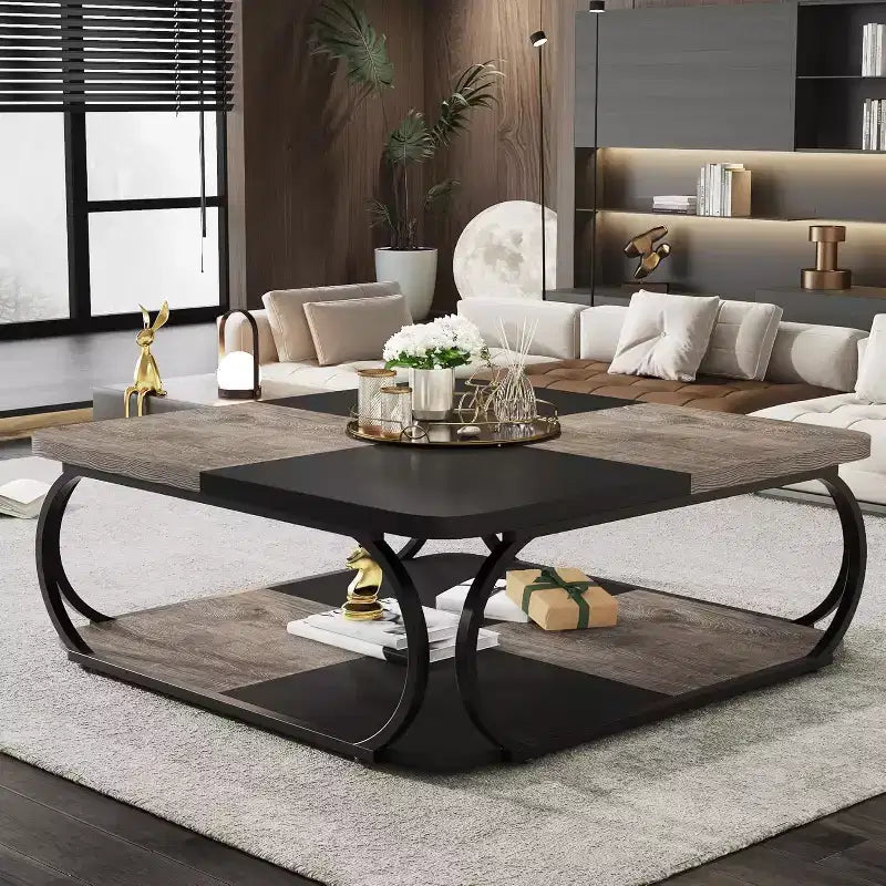 Lantine 40 Farmhouse 2-tier Low Square Coffee Table with Wood Storage Shelf Heavy Duty Metal Curved Frame for Living Room
